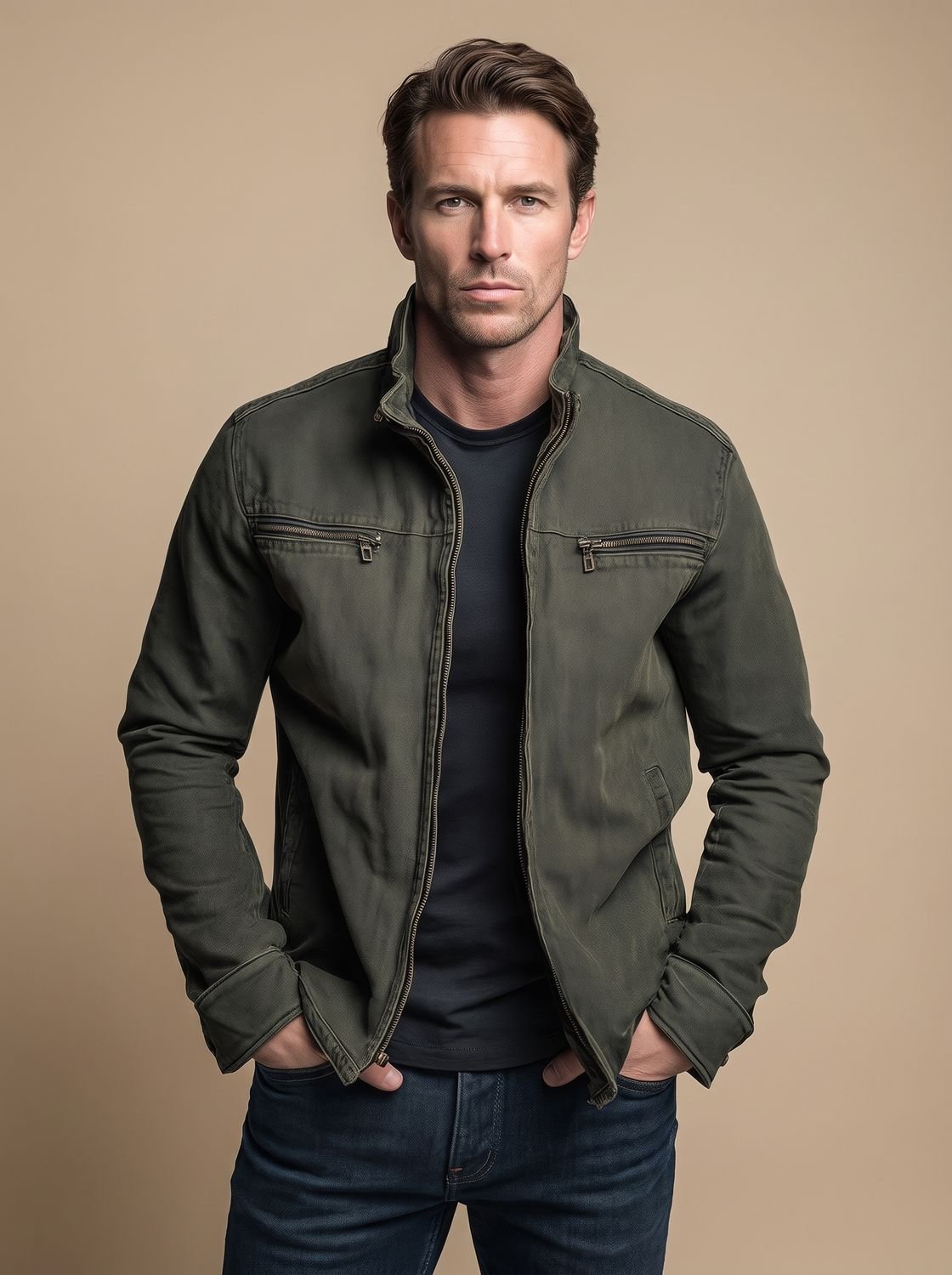 Blouson zippé en coton vert armée pour homme, porté ouvert sur un t-shirt