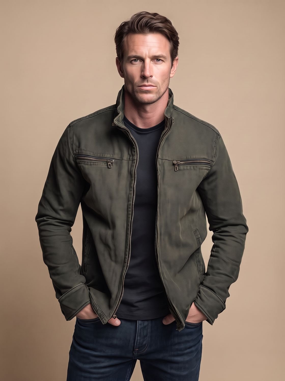Blouson en coton vert armée, col montant et poches de poitrine zippées