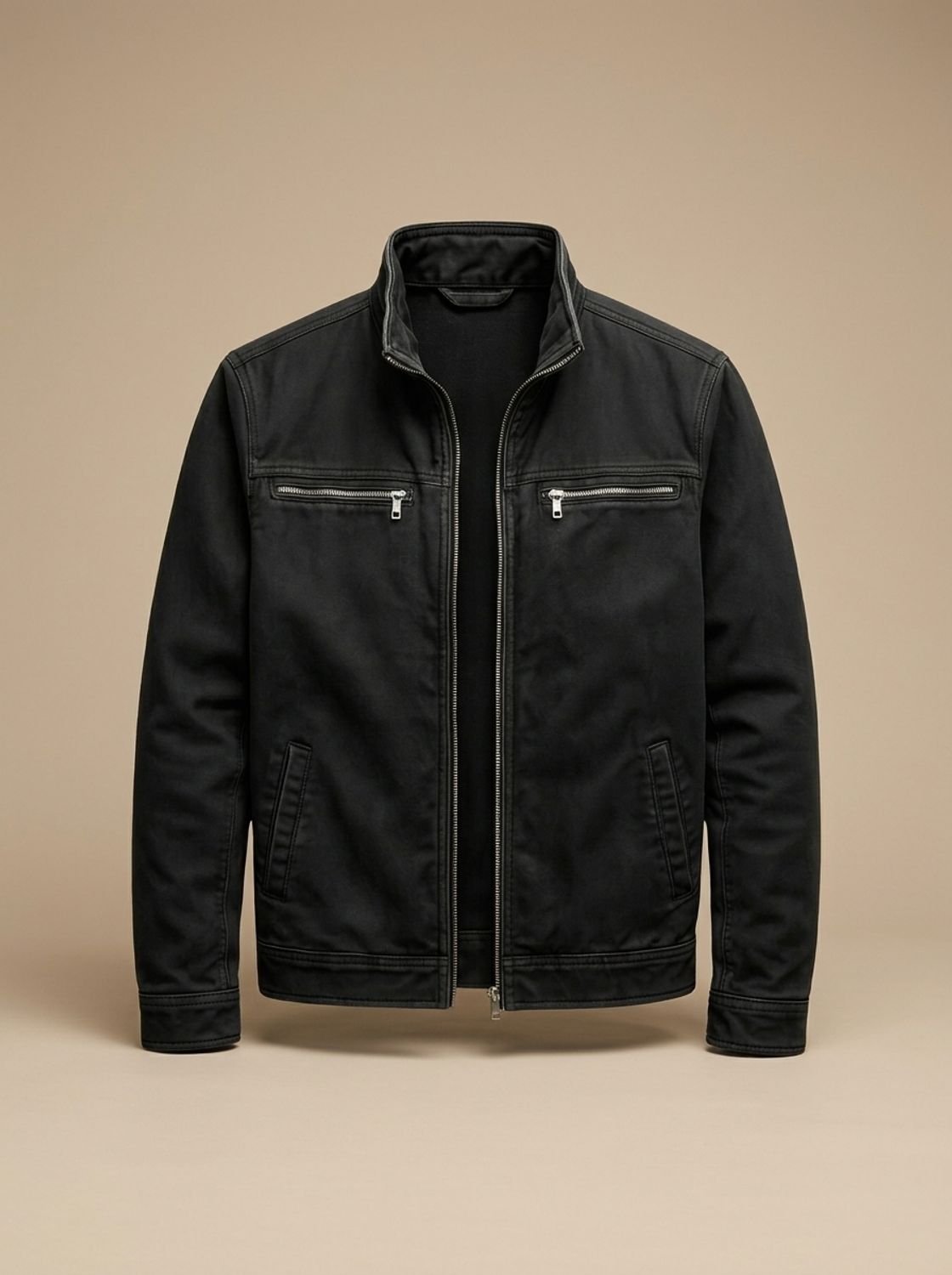 Blouson zippé en coton noir pour homme, vue de face