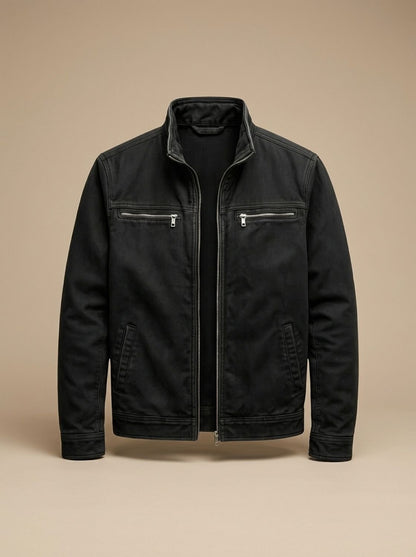 Blouson zippé en coton noir pour homme, vue de face