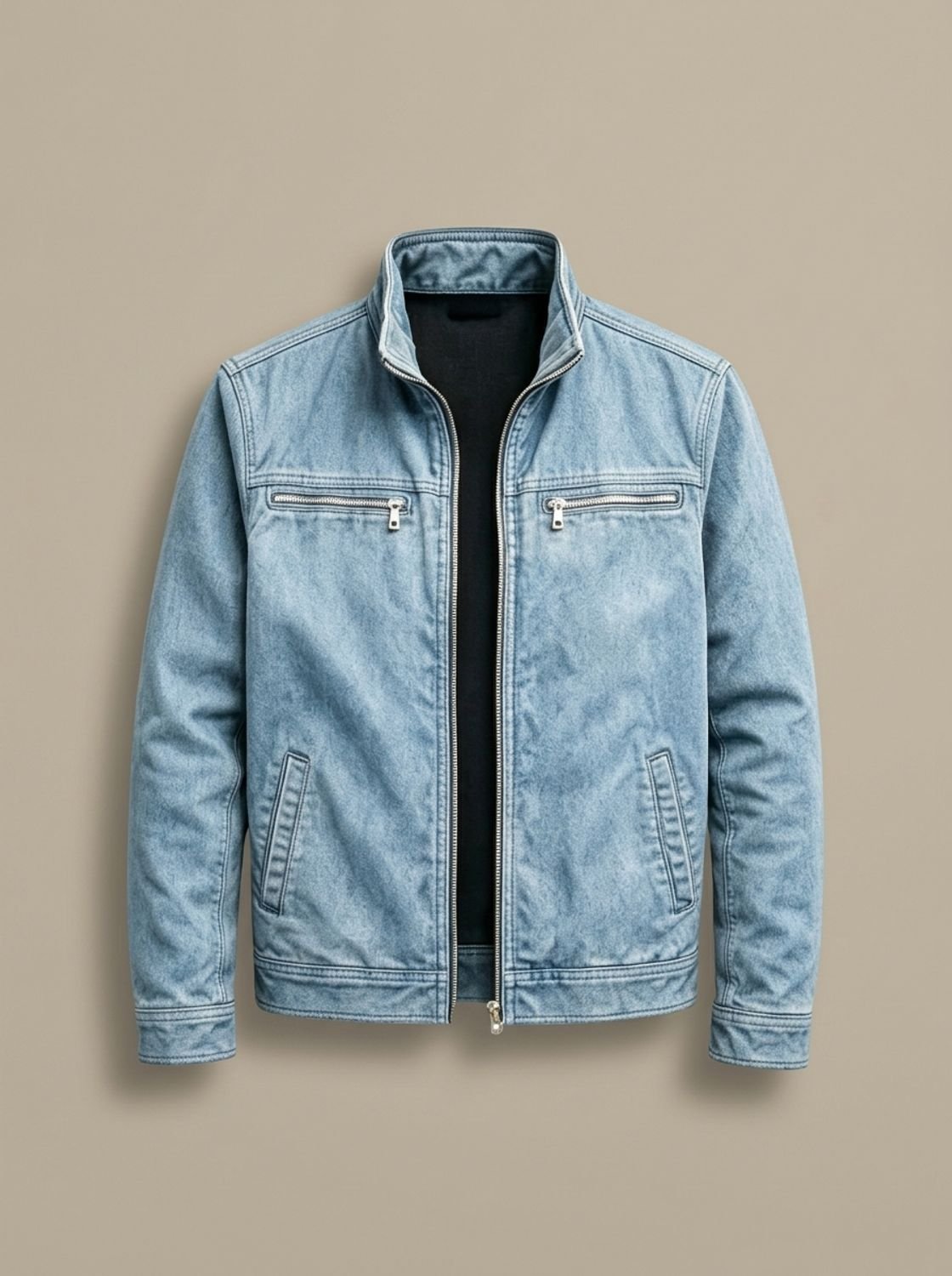 Blouson zippé en coton bleu délavé pour homme, vue de face