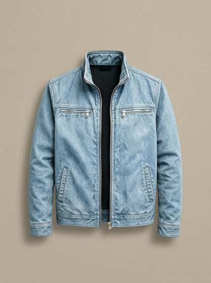 Blouson zippé en coton bleu délavé pour homme, vue de face