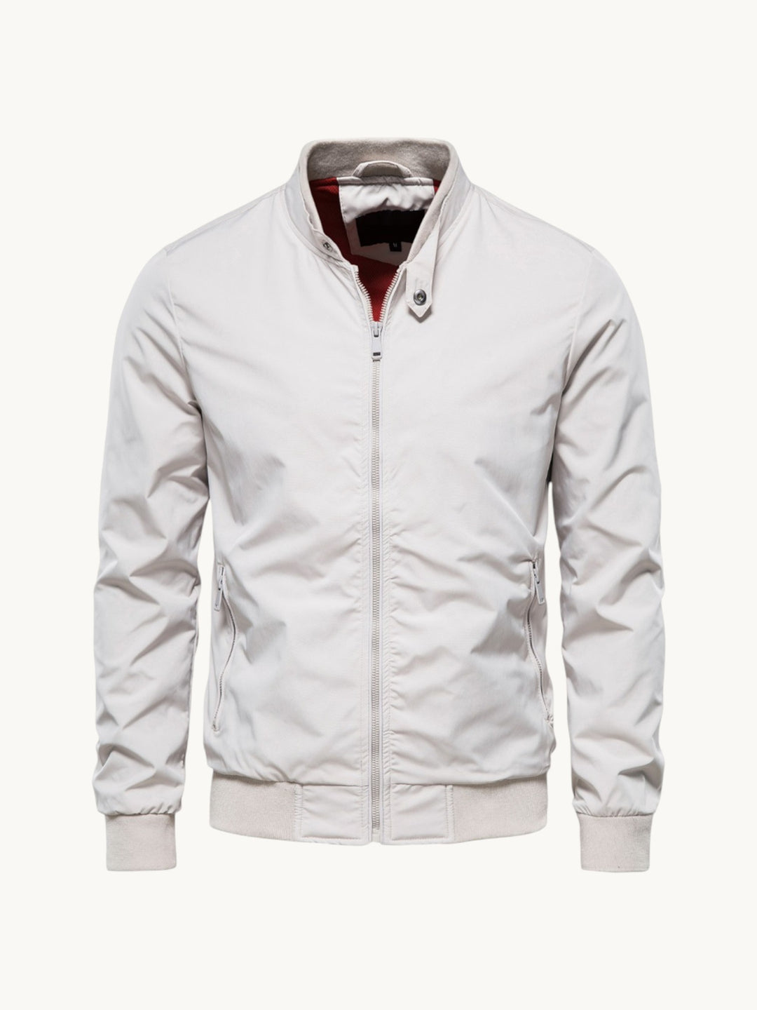 Blouson zippé blanc à col montant et doublure bordeaux