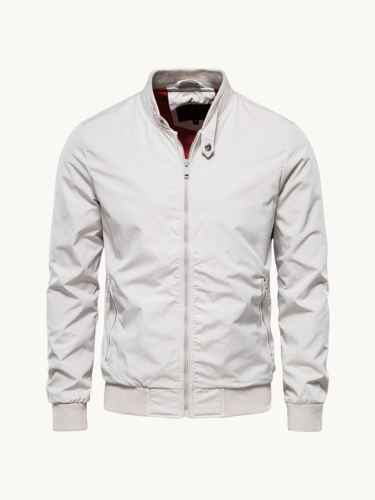Blouson zippé blanc à col montant et doublure bordeaux