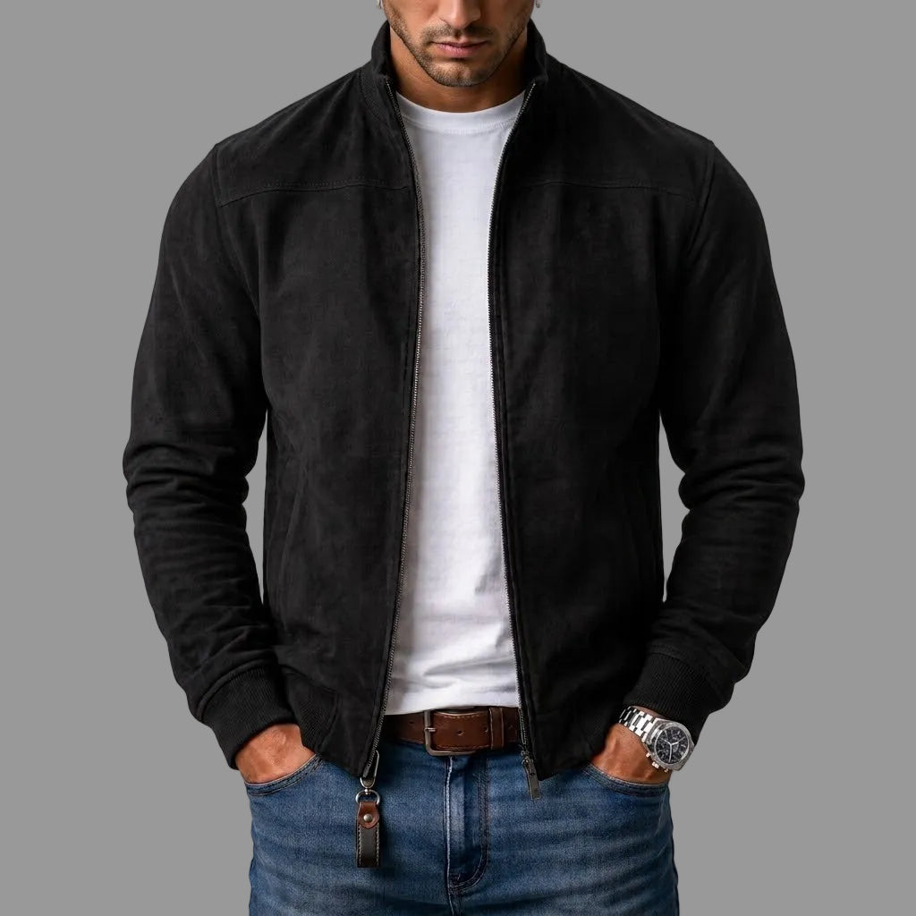Blouson zippé effet daim, noir