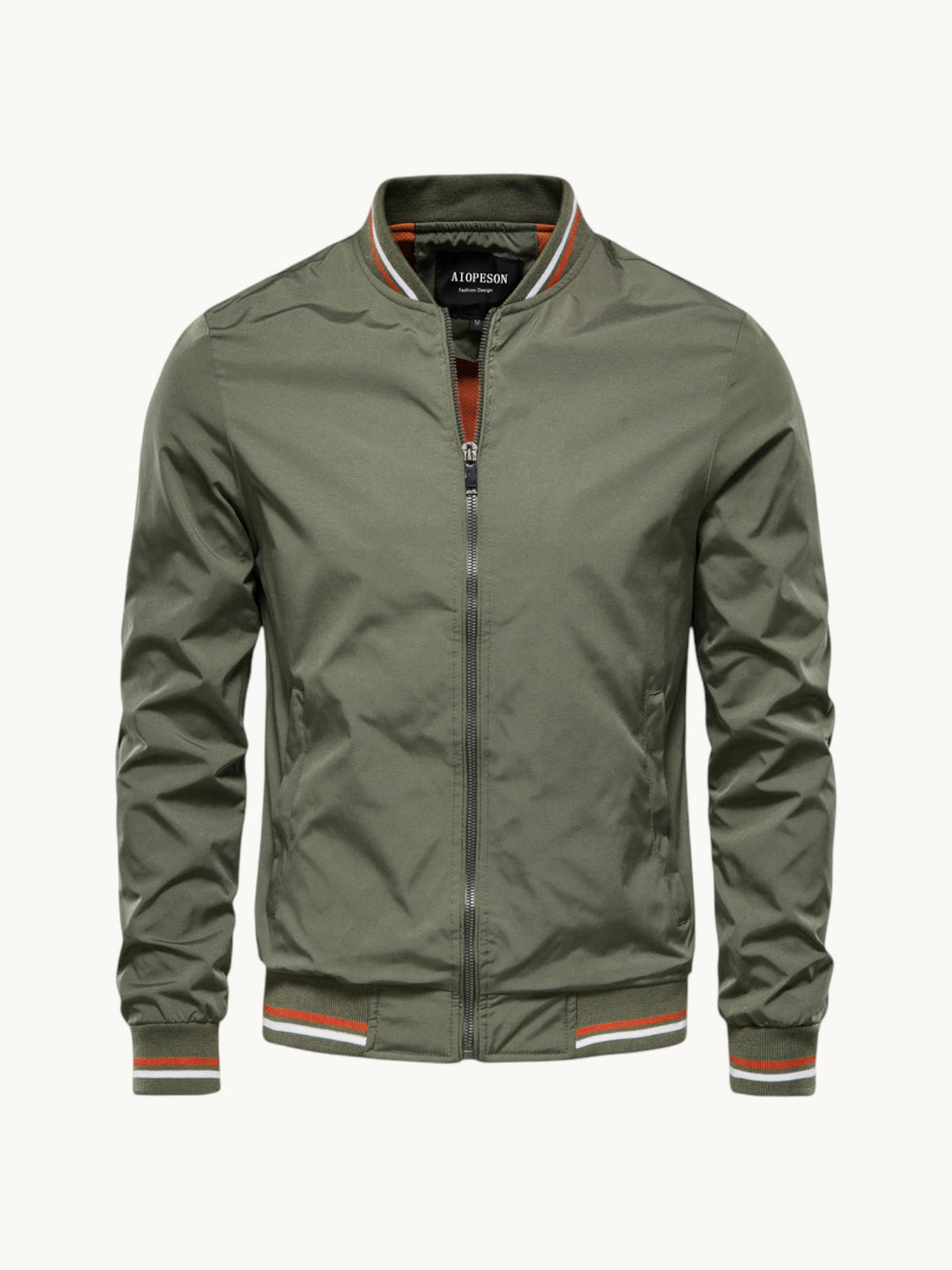 Blouson zippé kaki col montant rayures rouge et blanc aux poignets