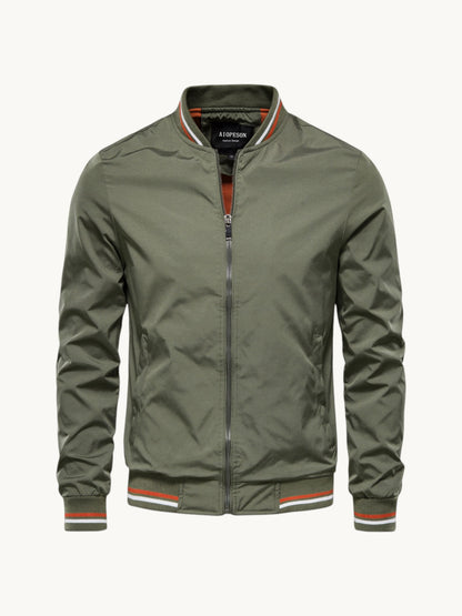Blouson zippé kaki col montant rayures rouge et blanc aux poignets