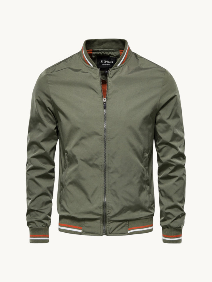 Blouson zippé kaki col montant rayures rouge et blanc aux poignets