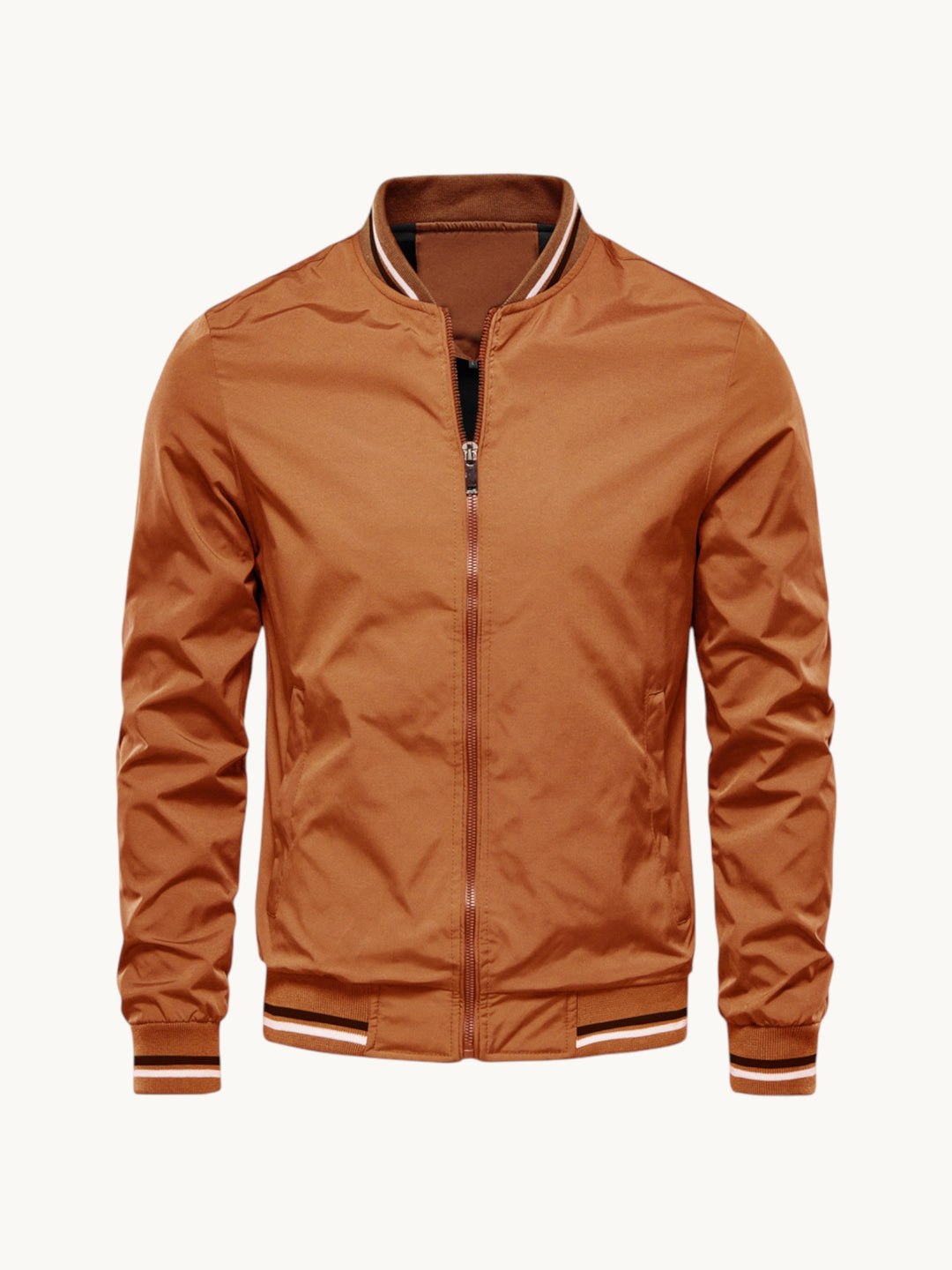 Blouson zippé marron clair avec col montant et bandes contrastantes
