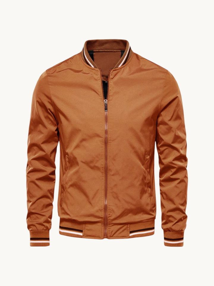Blouson zippé marron clair avec col montant et bandes contrastantes