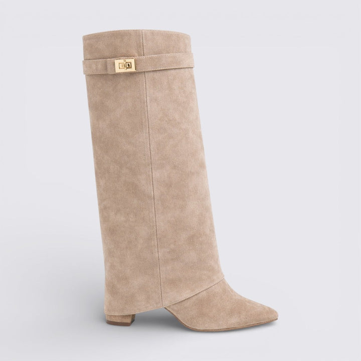 Botte haute à rabat, coloris beige, vue de profil