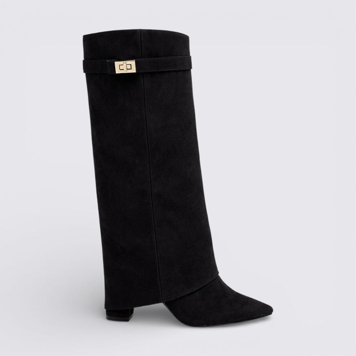 Botte haute à rabat, coloris noir, vue de profil