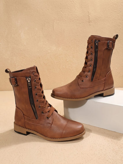 Bottes mi-mollet lacées, coloris caramel, vue de face