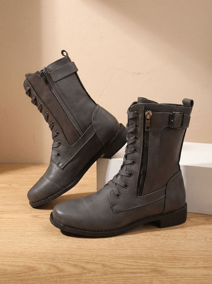 Bottes mi-mollet lacées, coloris gris foncé, vue de face