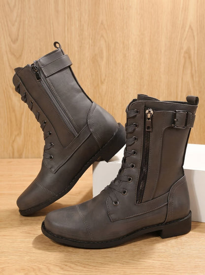 Bottes mi-mollet lacées, coloris gris foncé, présenté à plat