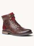 Bottine cuir marron avec zip latéral rouge, lacets et doublure bordeaux