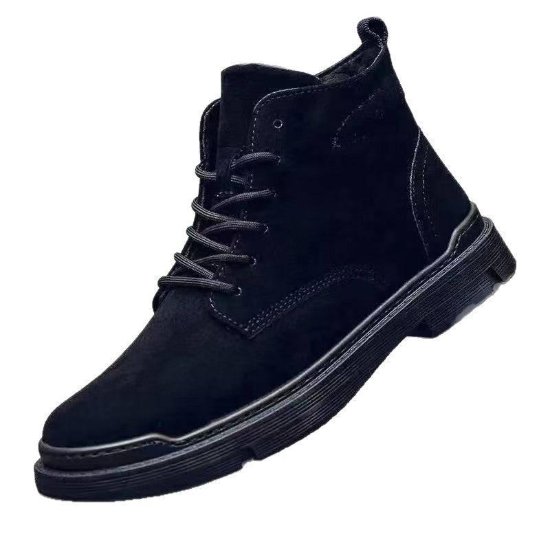 Bottine montante en daim noir a lacets, vue de profil