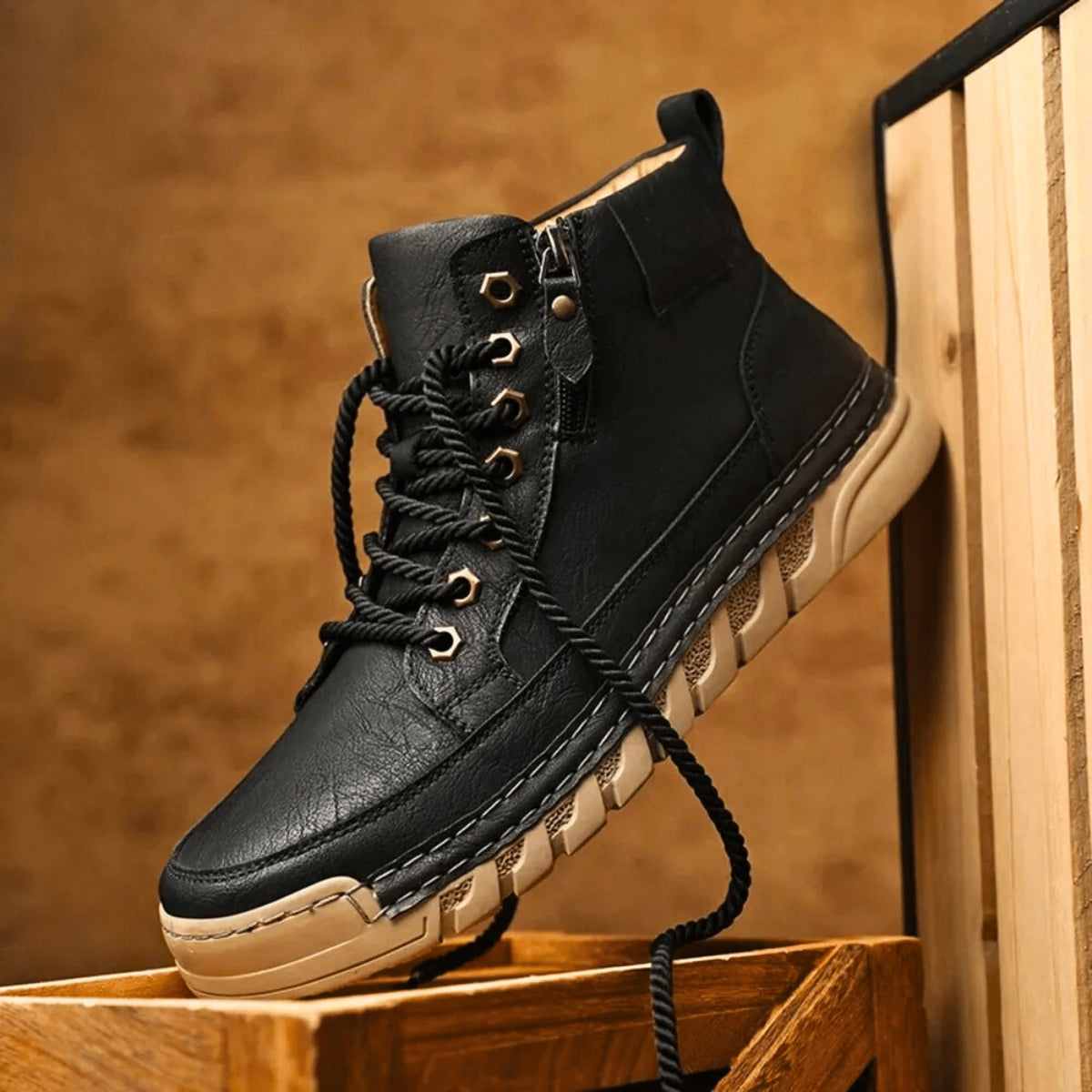 Bottines montantes en cuir, noir