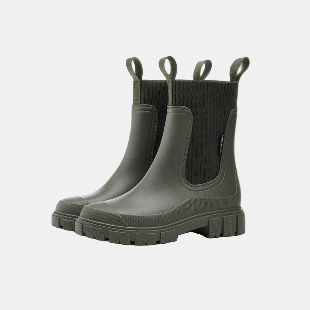 Paire de bottines de pluie olive à soufflets et tirettes, trois quarts
