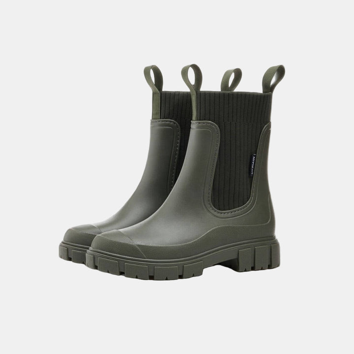 Paire de bottines de pluie olive à soufflets et tirettes, trois quarts