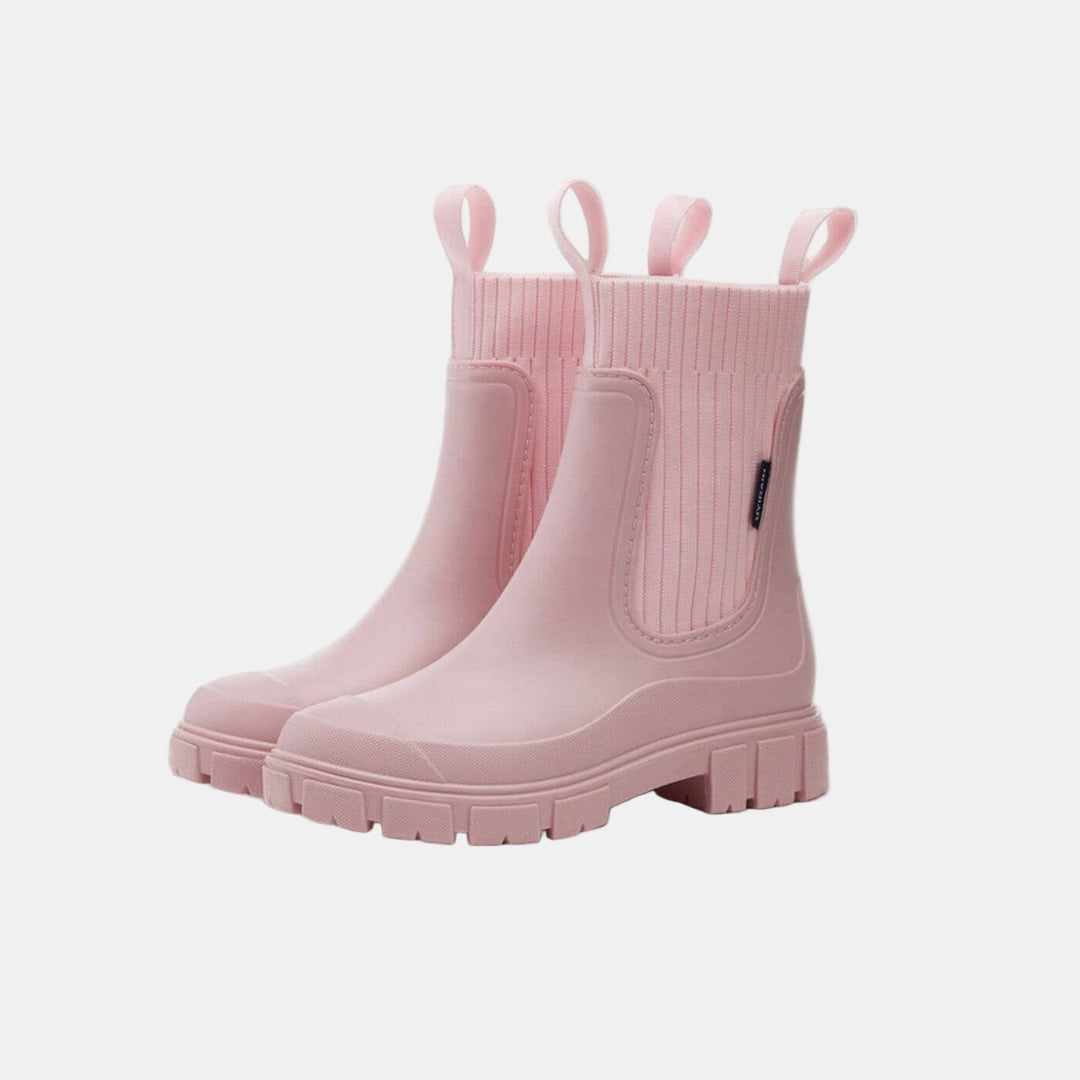 Paire de bottines de pluie roses à soufflets et tirettes