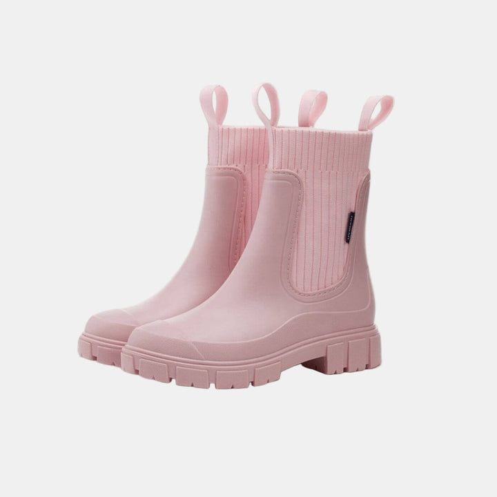 Paire de bottines de pluie roses à soufflets et tirettes