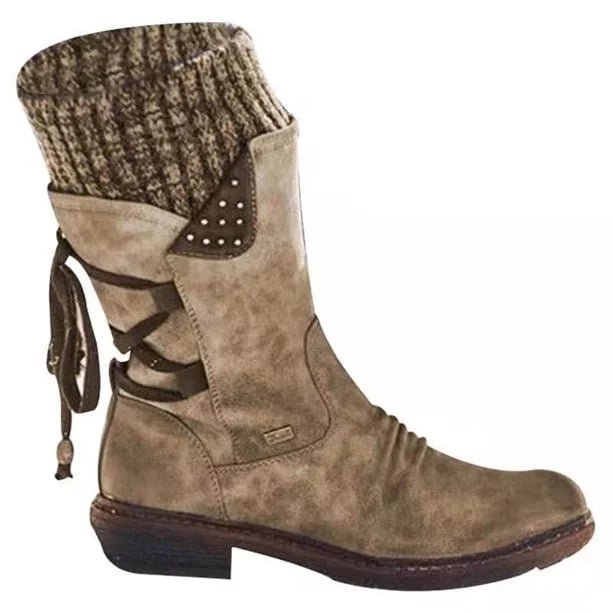 Bottine kaki à revers en maille et panneau clouté, vue de profil