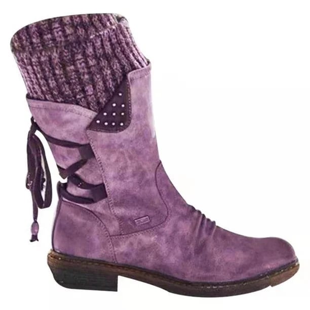 Bottine violette à revers en maille et laçage arrière, vue de profil
