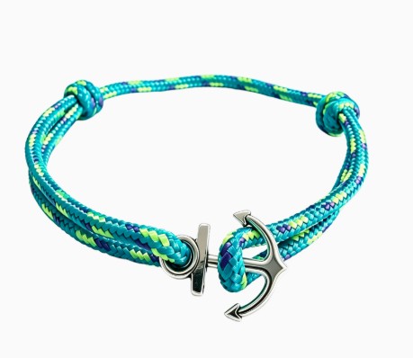 Bracelet en cordon turquoise et vert anis, fermoir ancre argenté et nœuds coulissants