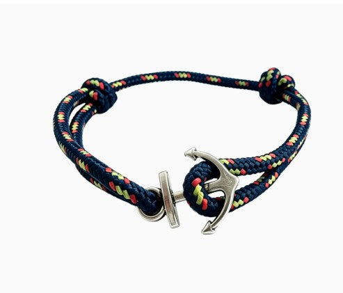 Bracelet en cordon tressé bleu marine à fermoir ancre argenté et nœuds coulissants réglables