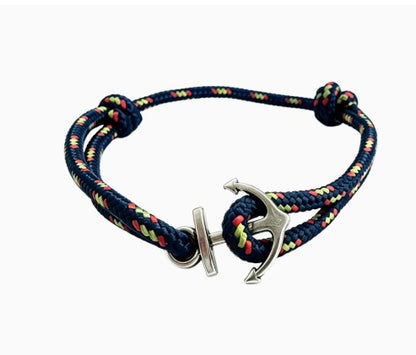Bracelet en cordon tressé bleu marine à fermoir ancre argenté et nœuds coulissants réglables
