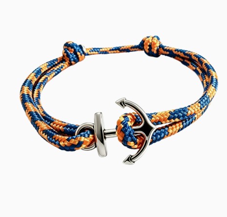 Bracelet en cordon tressé bleu et orange en double tour, fermoir ancre argenté au centre
