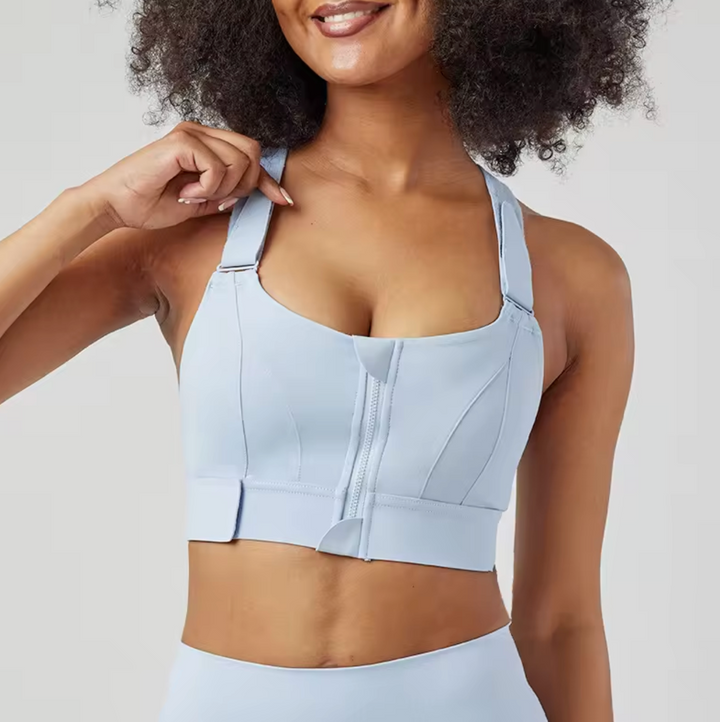 Brassière ajustable à fermeture devant, coloris bleu, vue de face