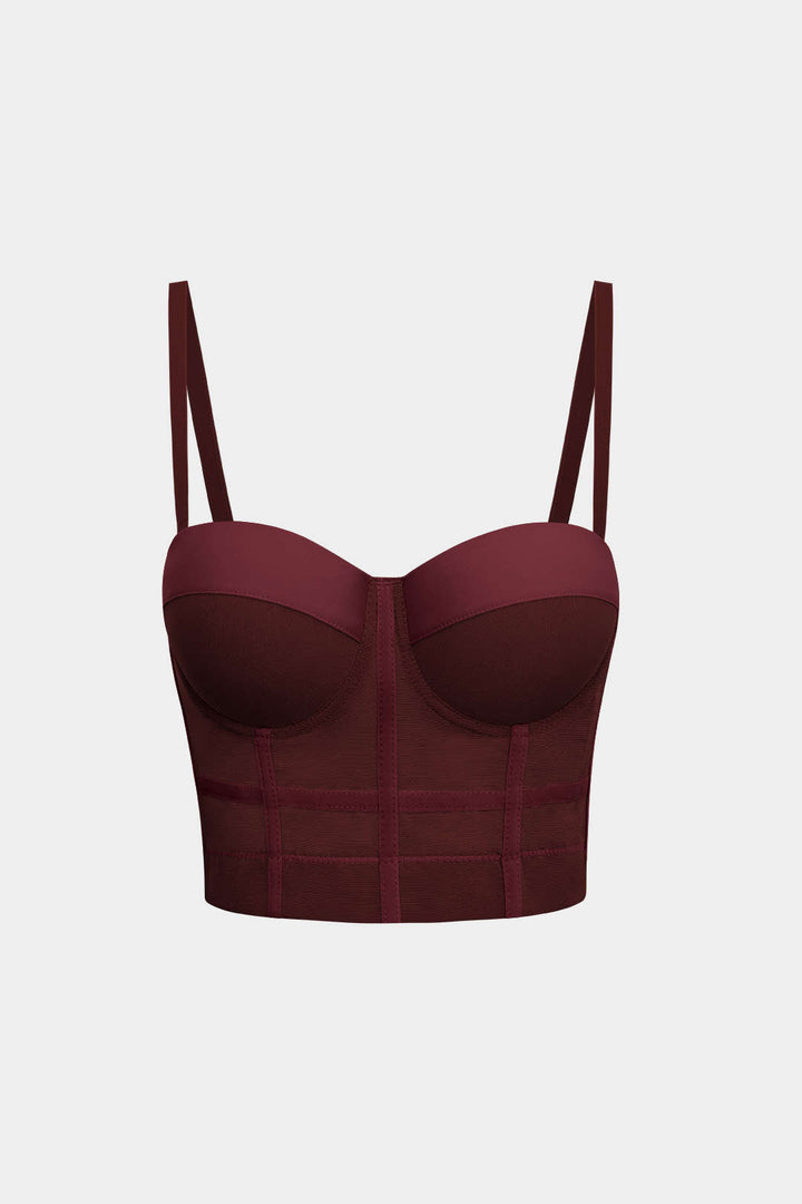 Bustier court à bretelles, coloris bordeaux, vu de face