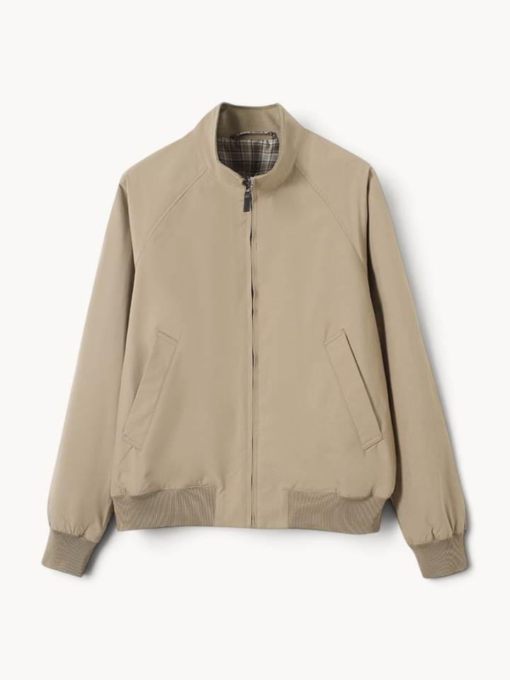 By Old Money beige lightweight blouson jacket with a stand-up collar, zip closure, and ribbed cuffs.
