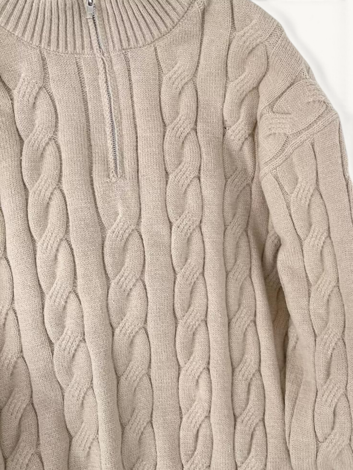 By Old Money beige cable knit sweater with a high collar and half-zip closure in thick winter wool