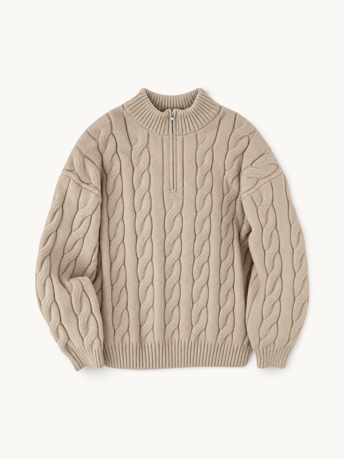 By Old Money beige cable knit sweater with a half-zip collar, thick ribbed cuffs, and a relaxed straight fit.