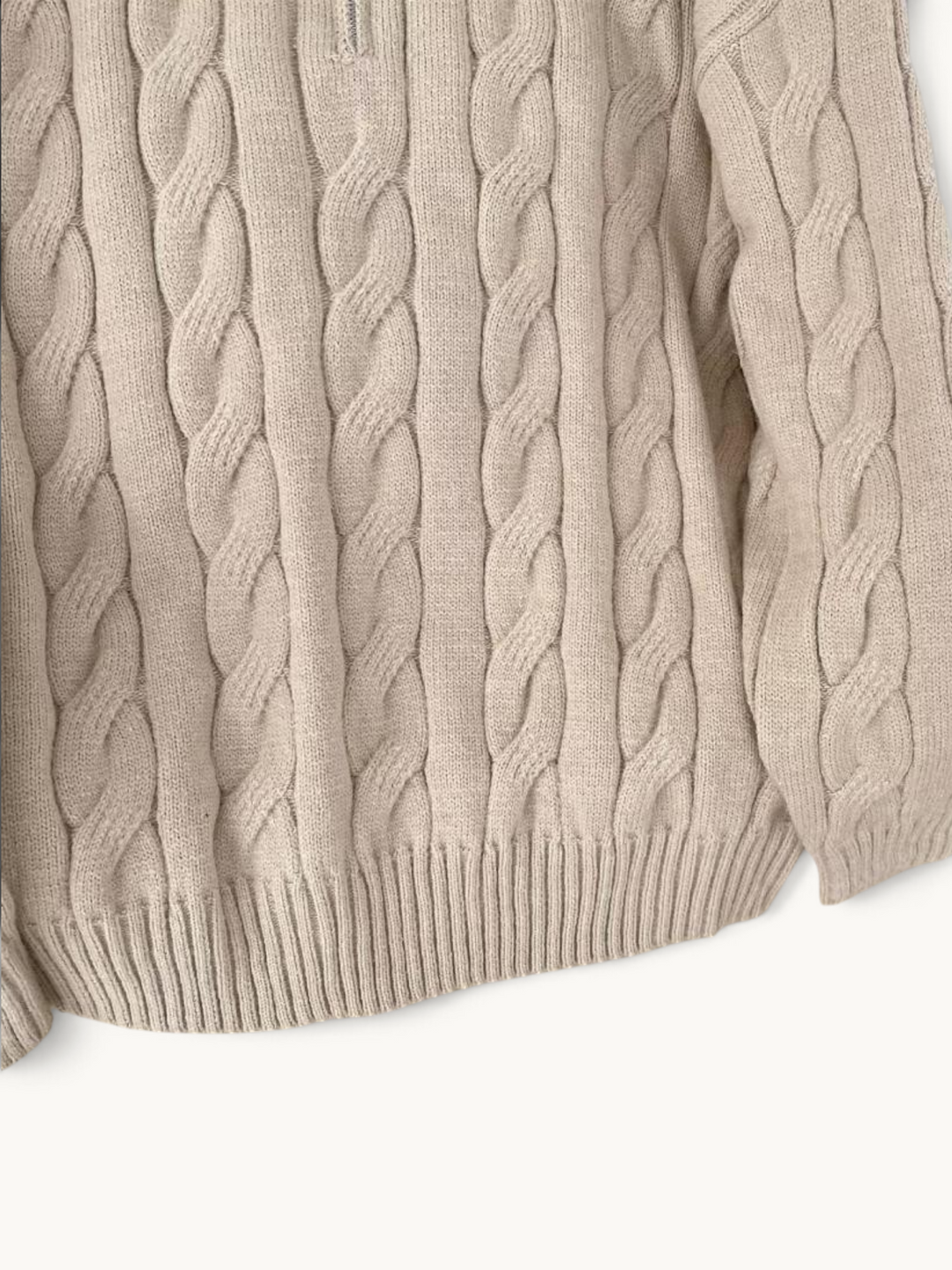 By Old Money beige cable knit half-zip sweater with ribbed cuffs and hem in a thick winter texture