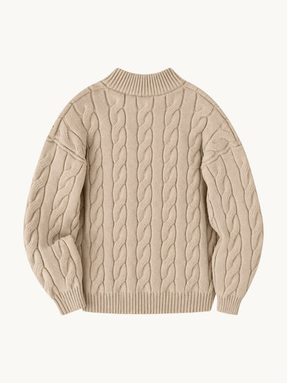 By Old Money beige cable knit sweater with a mock neck and half-zip closure, featuring ribbed cuffs and hem.