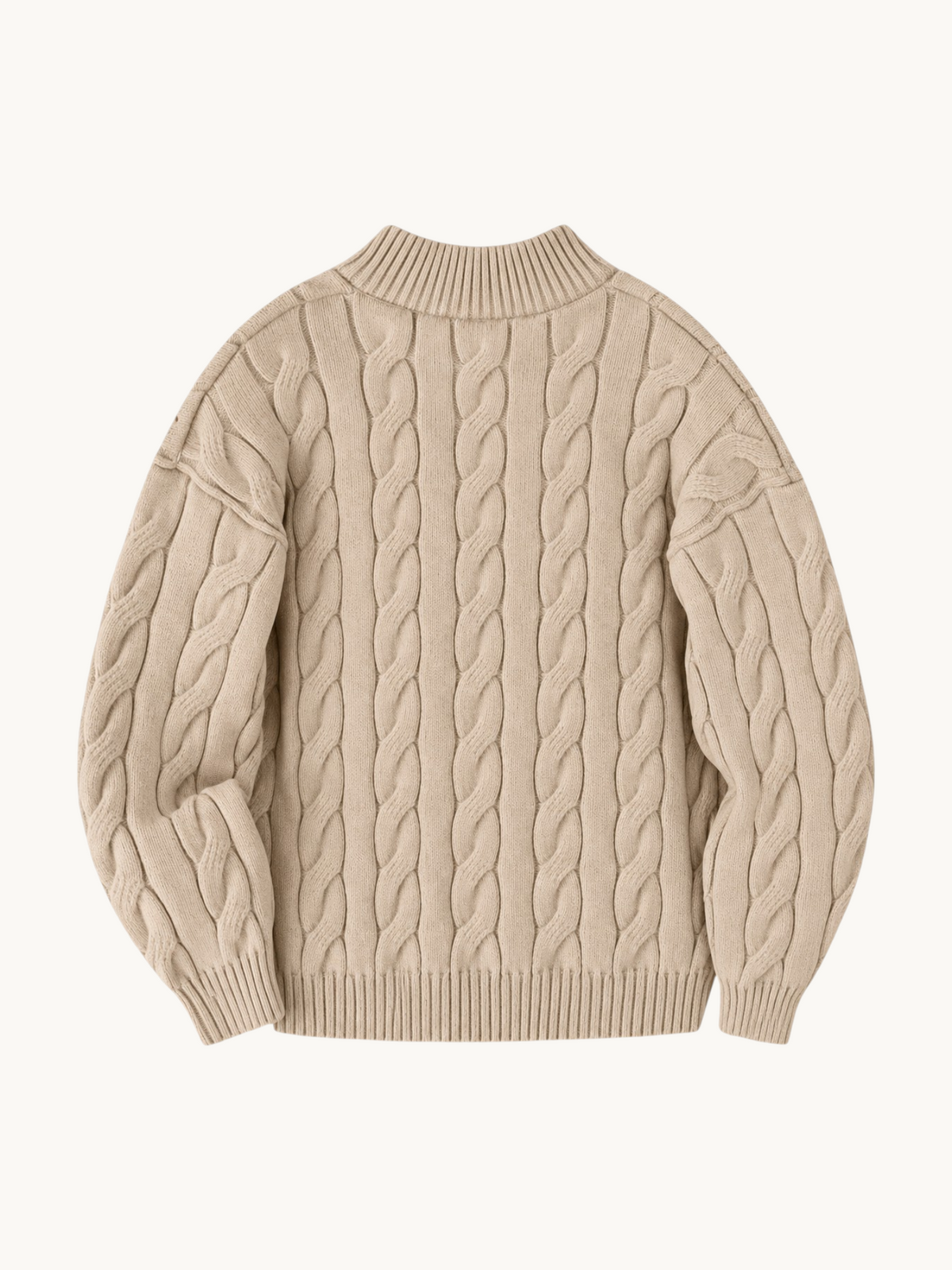 By Old Money beige cable knit sweater with a mock neck and half-zip closure, featuring ribbed cuffs and hem.