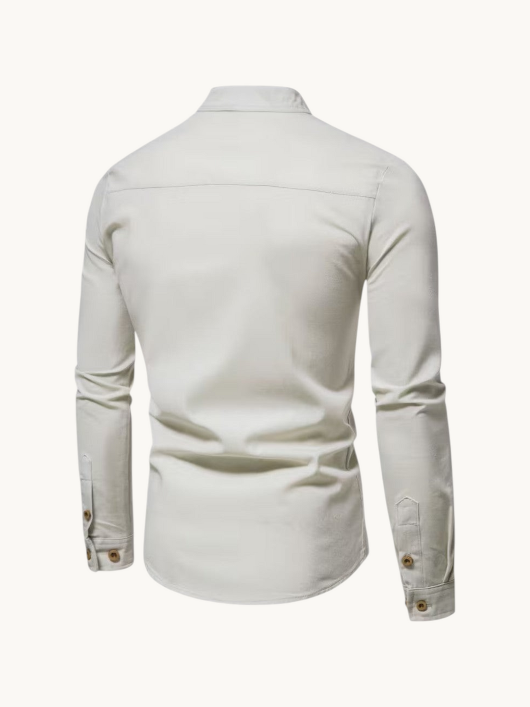 Back view of a By Old Money beige cotton mandarin collar shirt with long sleeves and buttoned cuffs.