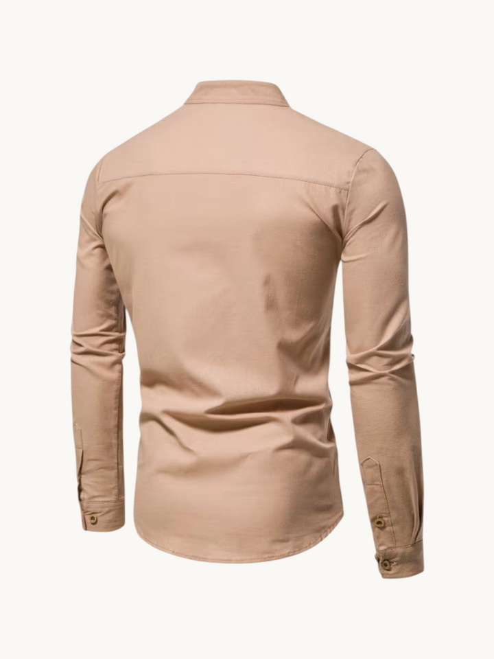 Back view of a By Old Money beige cotton mandarin collar shirt with long sleeves and buttoned cuffs