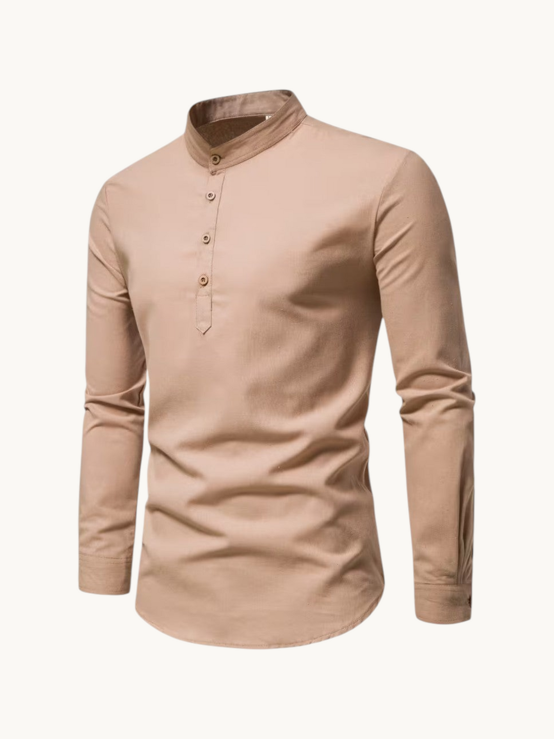By Old Money beige cotton long-sleeve shirt with a mandarin collar and a four-button placket.