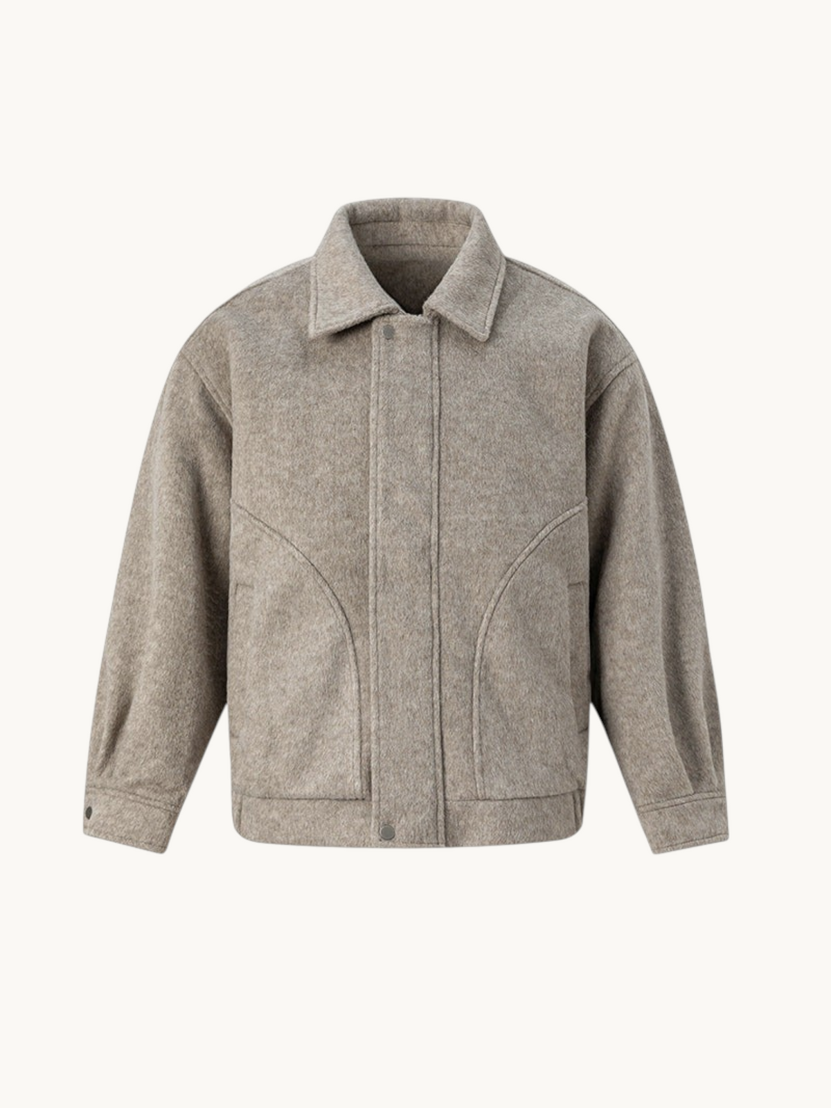 By Old Money beige double-faced wool boxy jacket with a cropped fit, pointed collar, and drop shoulders.