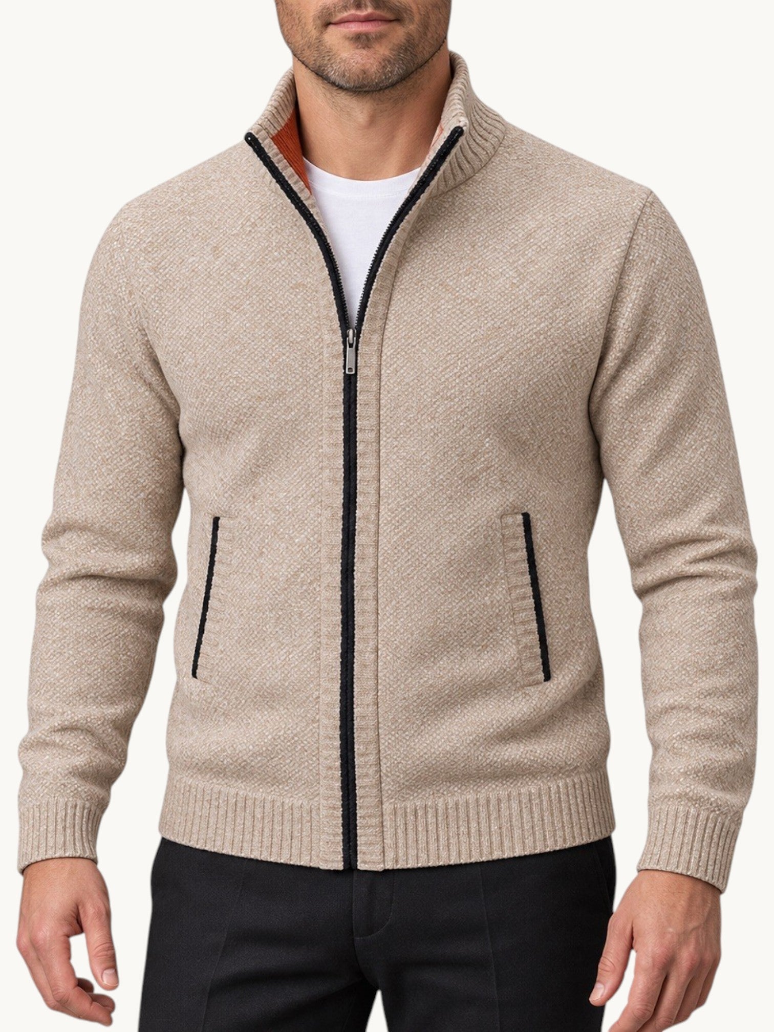 By Old Money men's beige marled wool cardigan with mandarin collar, full zip closure, and two side pockets.
