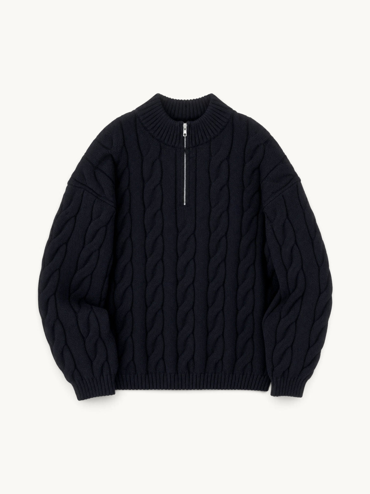 By Old Money black cable knit sweater with a half-zip mock neck, ribbed cuffs, and a thick, cozy winter texture.
