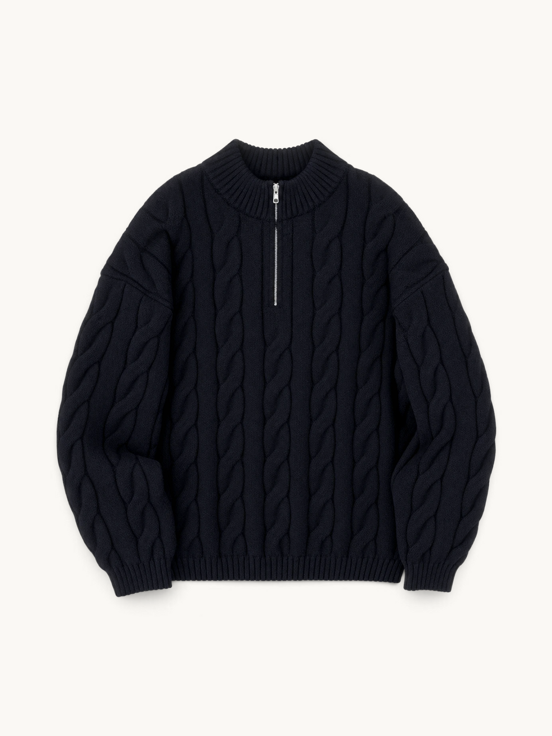 By Old Money black cable knit sweater with a half-zip mock neck, ribbed cuffs, and a thick, cozy winter texture.