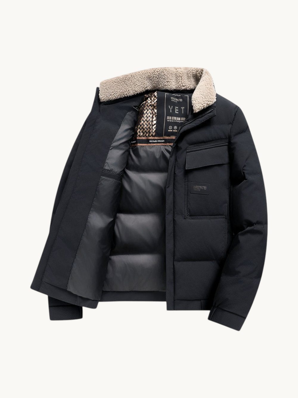 By Old Money black winter puffer jacket with a synthetic fur lapel collar, front flap pockets, and thick padding.