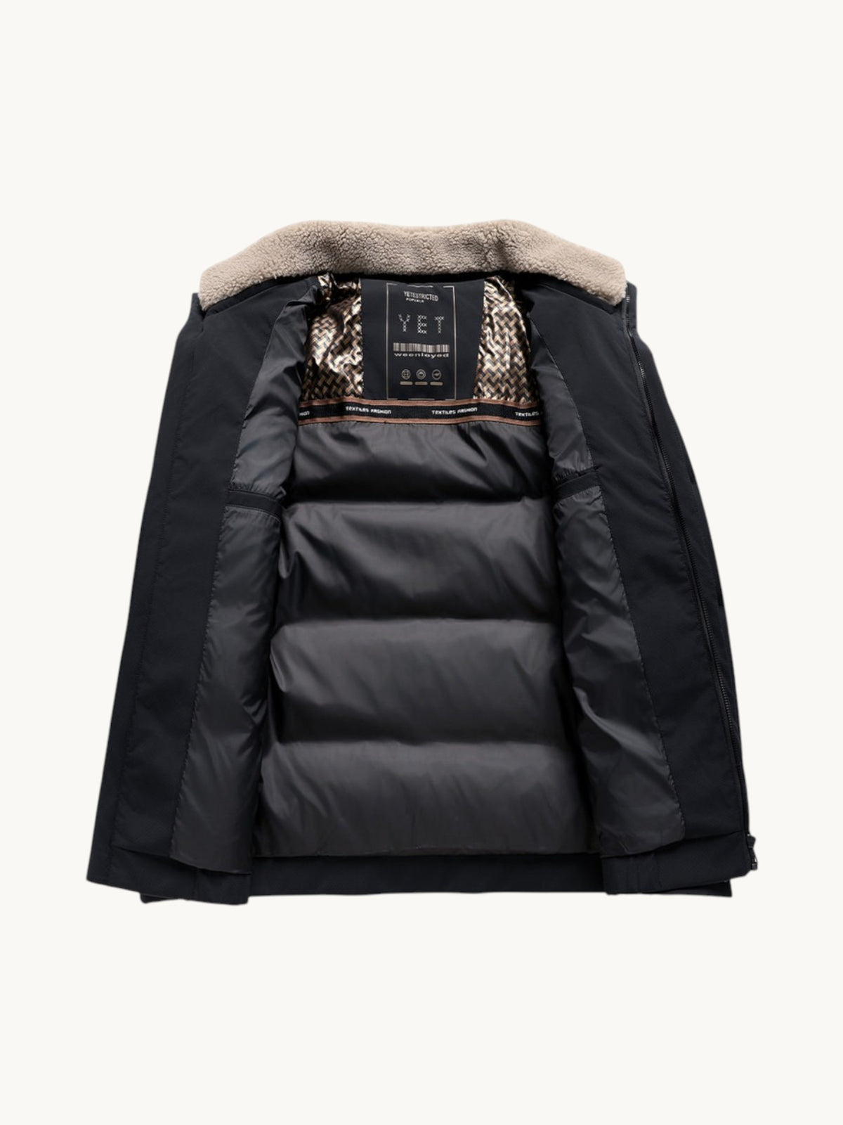 By Old Money black winter puffer jacket with a beige faux fur lapel collar and quilted interior lining