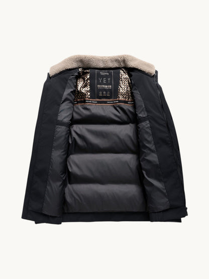 By Old Money black winter puffer jacket with a beige faux fur lapel collar and quilted interior lining